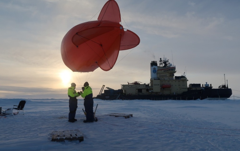 Forskare står på isen och sköter en forskningsballong. I bakgrunden syns isbrytaren Oden.