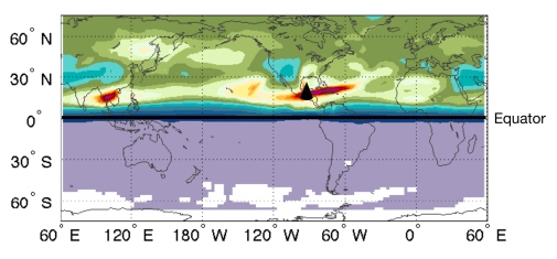 Karta över simulering av effekten på El Nino från vulkanutbrott.